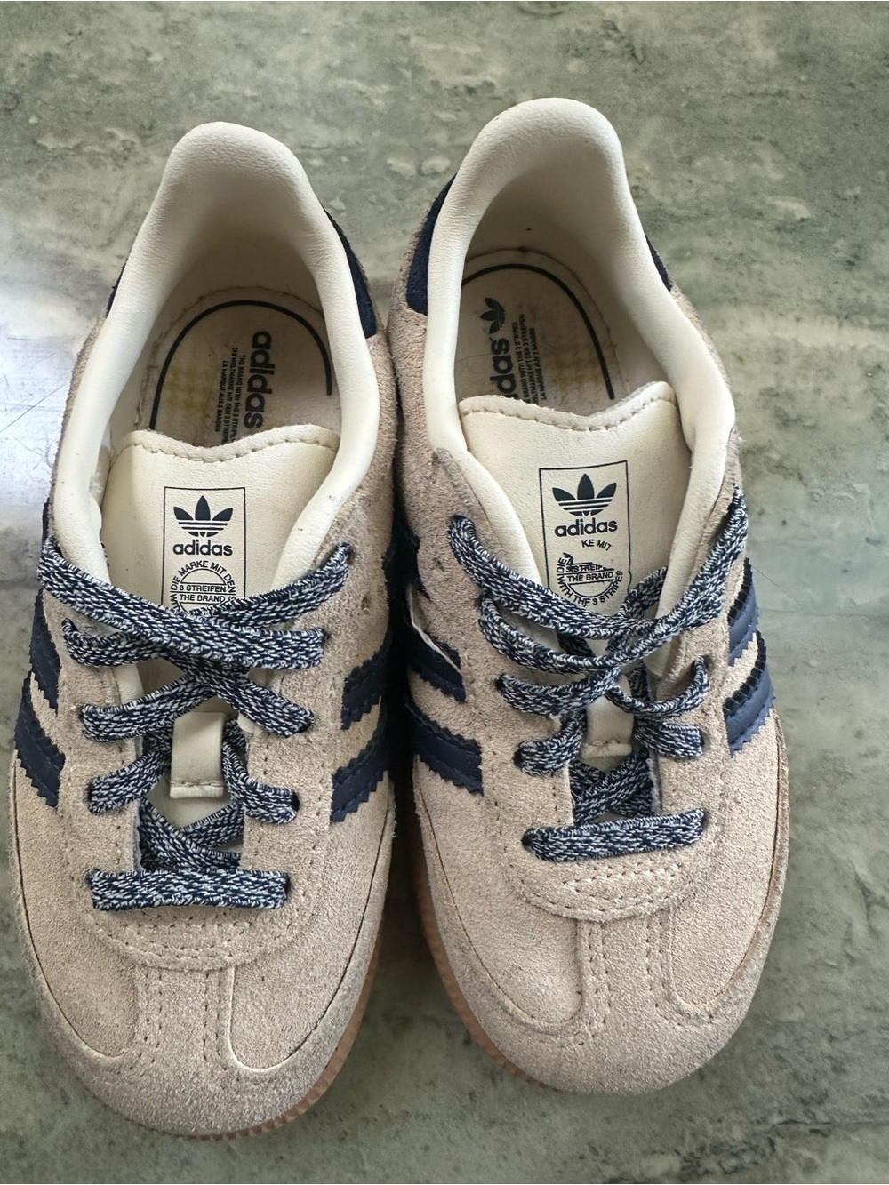 adidas Kids Beige Suede Sneakers with Navy Stripes